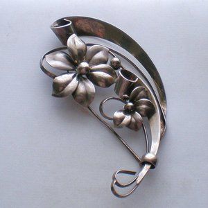 Modernist Designer Signed Solid Sterling Silver 925 Flower Pin Brooch